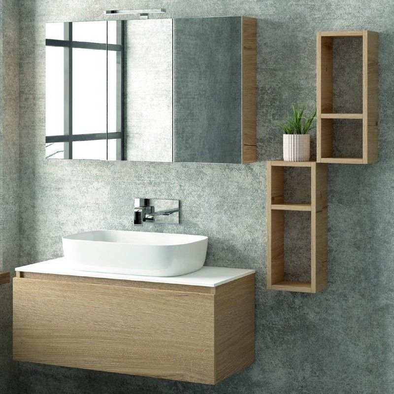 Composizione di mobili bagno con lavabo, pensile e specchio modello York08  100x46x190h cm Bianco Lucido
