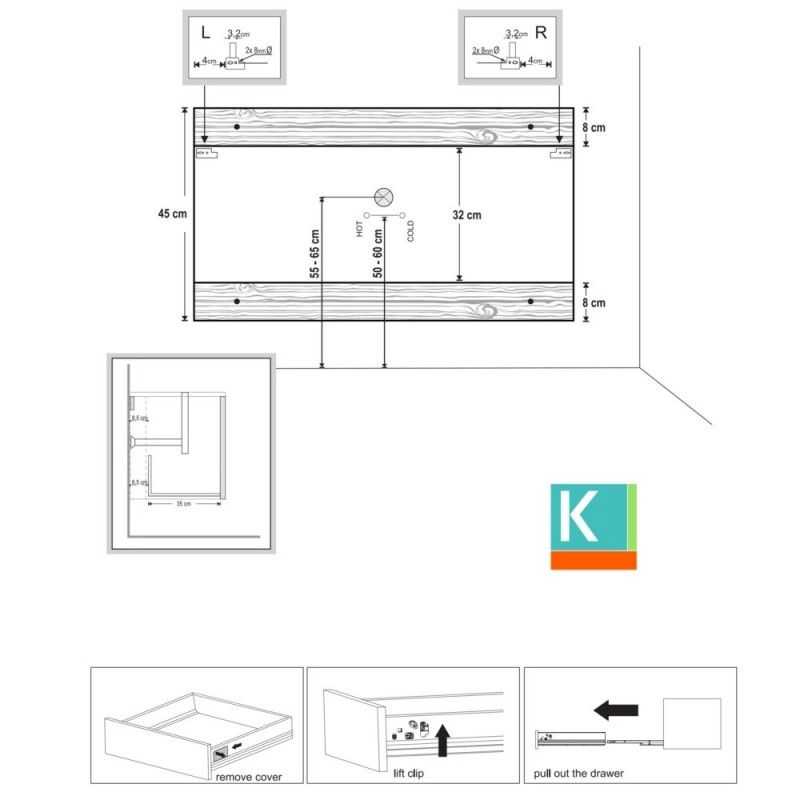 Mobile bagno 135 cm sospeso con vano a giorno a destra