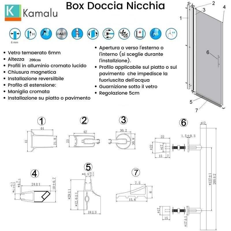 Kamalu - porta doccia 70cm apertura a libro vetro trasparente k045